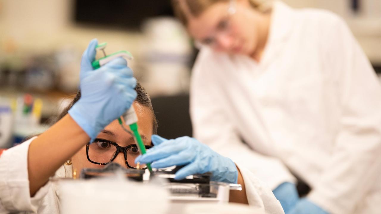 A student in a white lab coat, blue gloves and safety goggles carefully uses a pipette while another student in a lab coat observes in the background in a laboratory setting.