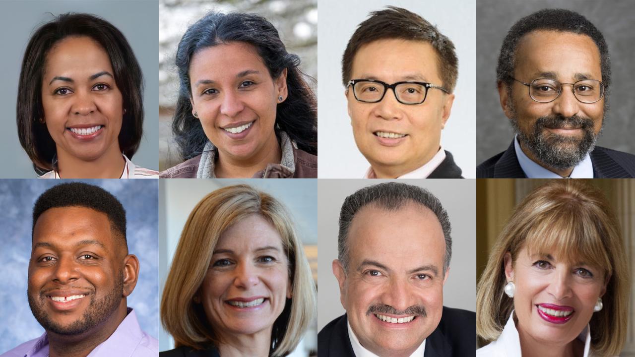 A composite of eight guest speakers for spring 2022 commencements