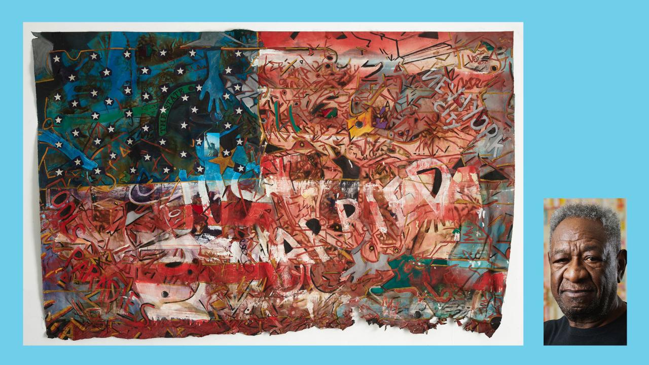 Mike Henderson flag art and headshot, UC Davis faculty