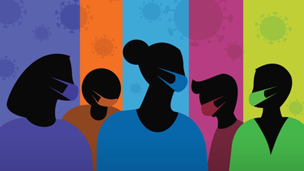 Drawing of five women of color, in masks, in academic setting