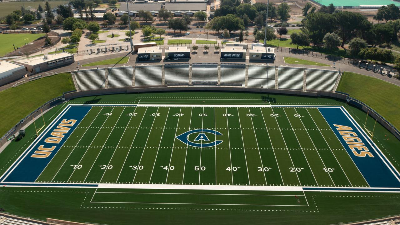 New artificial turf with "CA" logo at midfield, UC Davis bHealth Stadium