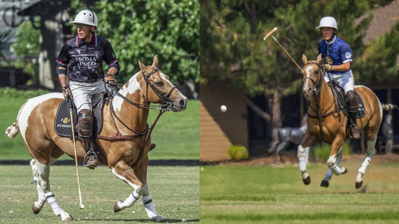 Two photos, each of a man in polo gear riding a horse. On the left, he is holding the reins with one hand while the horse is trotting. He looks over his right shoulder and holds a polo stick in his right hand. In the photo on the right, the horse is running toward the camera. He holds the polo stick upright and the white ball can be seen midair in the foreground.