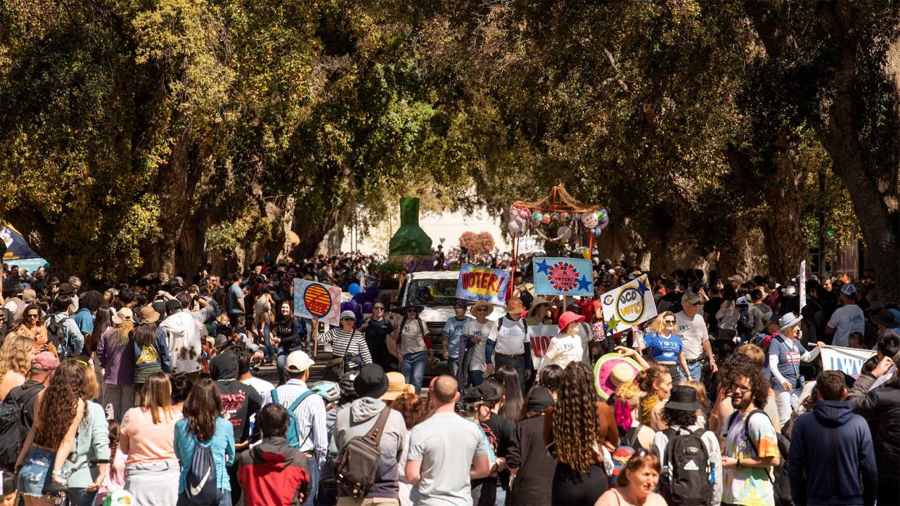 A large crowd is seen at the Picnic Day Parade as it nears the Quad.