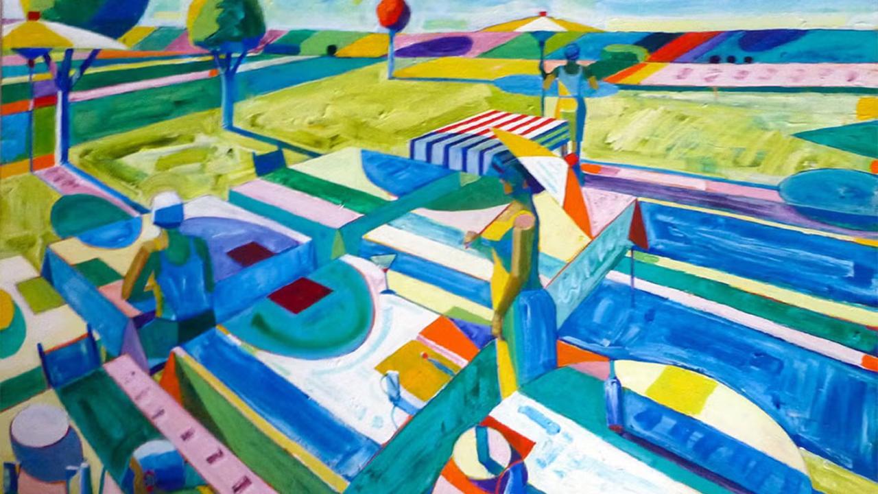Vibrant abstract painting of a colorful outdoor landscape with geometric patterns and figures.