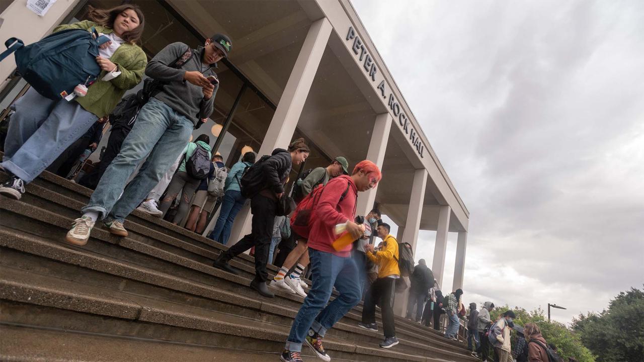 Students walk down the stairs outside Rock Hall. A cloudy sky is seen in the background.