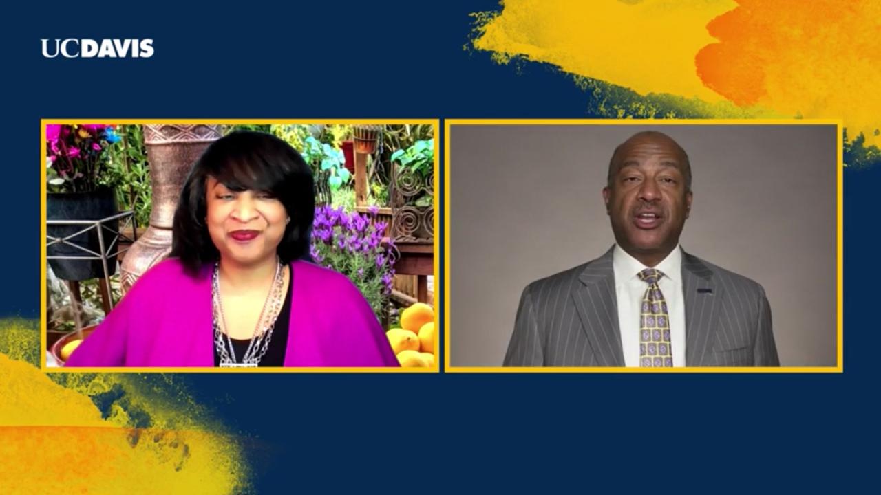 Renetta Tull and Gary S. May talk via video chat.