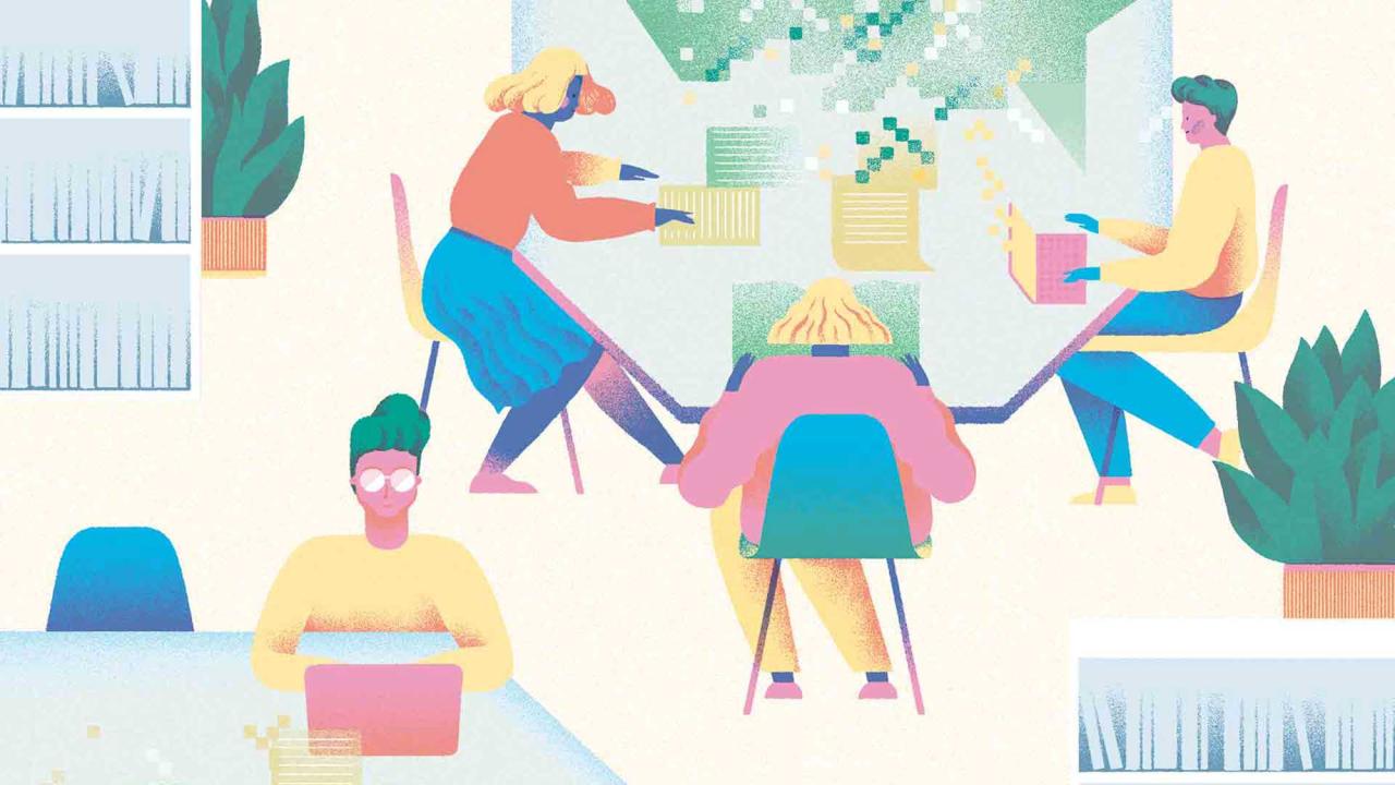 Colorful illustration of students working and studying using new technologies.