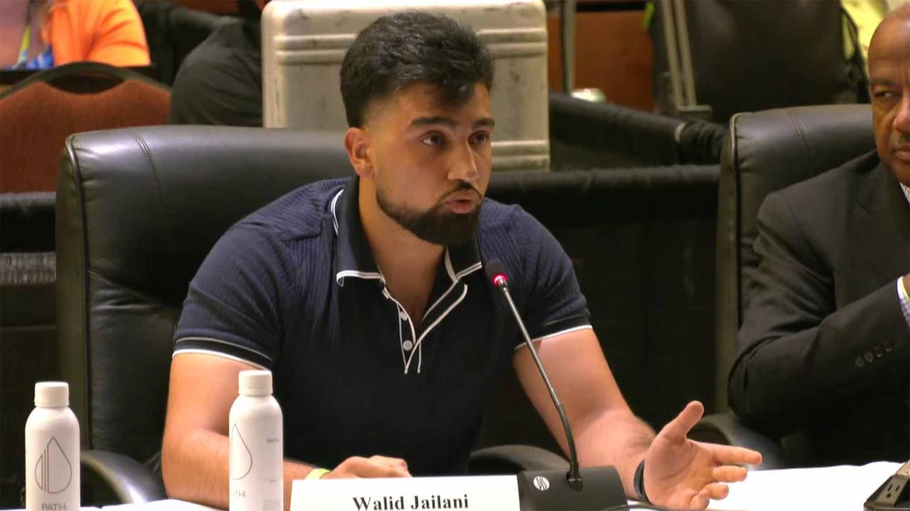 Screenshot of video shows student speaking at board meeting