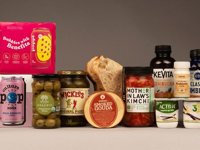A group shot of food products that are probiotic, prebiotic and fermented