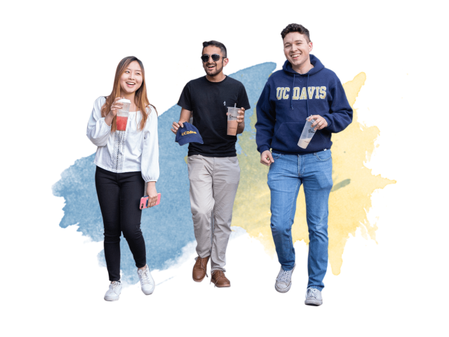 three UC Davis students walk through downtown Davis, ca
