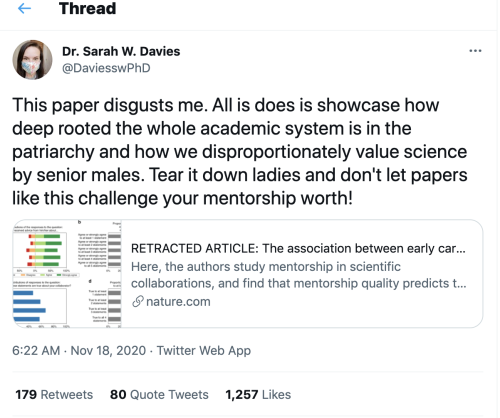 Screenshot of Tweet by Sarah Davies: "This paper disgusts me. All is does is showcase how deep rooted the whole academic system is in the patriarchy and how we disproportionately value science by senior males. Tear it down ladies and don't let papers like this challenge your mentorship worth!"