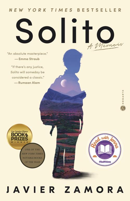 Cover of "Solito" by Javier Zamora featuring a silhouette of a child with a colorful landscape backdrop.