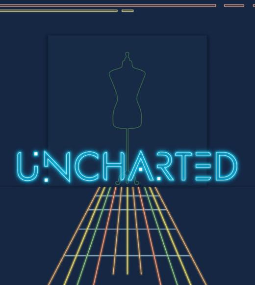 Fashion Show logo: "Uncharted" atop runway made from colored lines