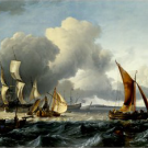 Book cover, cropped: "Exit Left," ships in battle