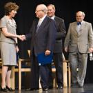 The chancellor-designate is pictured on the Jackson Hall stage with, from left, UC President Mark G. Yudof, Regent Russell Gould and Professor Bob Powell, chair of the Academic Senate.