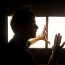 Man by lighting display