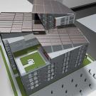 Graphic: View of several story building from roof top vantage point