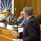Photo: Panelists for the Debate Watch Forum included professors Vik Amar and Larry Berman, blue shirt, with A.G. Block serving as the moderator.