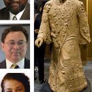 Photos (4): Rahim Reed, Kevin Johnson and Halifu Osumare, mugshots, alongside photo of statue of the Rev. Dr. Martin Luther King Jr. in King Hall