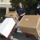 Susan Bounchareune, a senior majoring in microbiology, left, and Laura Chang of Conference Housing take two red dollies for a test run before families and Student Housing employees use hundreds of them to move freshmen into residence halls tomor