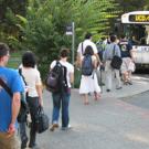 Line of people board the 8:10 a.m. run from UC Davis' Mrak Hall to the UC Davis Medical Center in Sacramento.