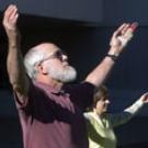 John Neil, left, and post-doctoral scholar Olga Trofymluke perform Tai Chi excercises outside the Chemistry Annex. 