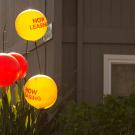 A bunch of balloons advertise an apartment for lease