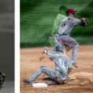 Photos (2): Pitcher Josh Donaldson; and two photos, one on top of the other, of Grant Green making a play at second base, all by Charles V. McDonald