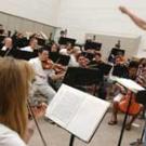 photo of conductor on stand and symphony playing