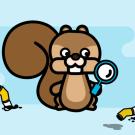 Drawing: Tracker, a squirrel, with magnifying glass, looking for cigarette butts (foreground)
