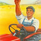 Graphic: Man on tractor holding Mao's Little Red Book.