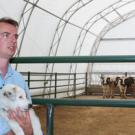 Frank Mitloehner, an air quality extension specialist in animal science, with his dog, Sam, checks out the interior of one of the campus&rsquo;s bovine bio-bubbles. Each of the four tents will house 10 cows as Mitloehner monitors emissions inside th