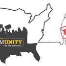 Rally poster with map of U.S. and a "Denied" stamp over four people.