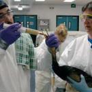 Photo: Man feeding bird with syringe while woman holds the animal