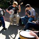 Photo: Playing the accordion, Elaine Fingerett, the arboretum's academic coordinator, joins unidentified undergraduates in Folk Music Jam Session.