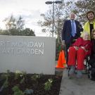 Margrit Mondavi gets her first look at the art garden, under a cloudy sky, Nov. 9, with Chancellor Linda P.B. Katehi, Jan Shrem 