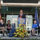 John Garamendi, now California State Insurance Commissioner, speaks to the building dedication audience as other key players in the development of the Genome and Biomedical Sciences Facility, from left, Chancellor Larry Vanderhoef, Phyllis Wise,