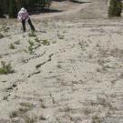 Photo: woman walking up scarred mountain side