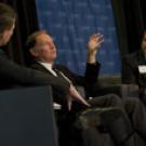 Russell Read, right, the chief investment officer at CalPERS and this year&rsquo;s executive-in-residence, listens to Robert Fox, center, who led Foster Farms and other major corporations for decades and is a member of the management school&rsquo;s Dean