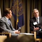 Photo: Gov. Arnold Schwarzenegger chats with GSM Dean Steven Curall 