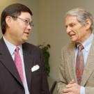 At an April 14 luncheon at the Institute of Governmental Affairs, Lon Hatamiya talks with longtime friend Richard Rominger, former U.S. deputy secretary of agriculture and a newly appointed UC Davis alumnus on the UC Board of Regents. At the eve