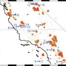 A map of California showing blobs, numbers and circles.