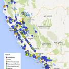 A screen capture of a Google Map of California with a number of colored dots.
