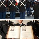 Photos: Army ROTC color guard at 2014 Memorial Day Ceremony and three cadets (faces obscured) holding the "Golden Memory Book," 