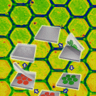 Hexagon background over which six squares in a circle show a process