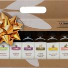 Six-bottle gift box of olive oils and vinegars, with gold bow.