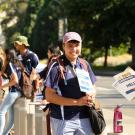 A line of orientation leaders outside the Mondavi Center