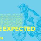 "Outgrow the Expected" with drawing of cow on bike