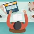 Graphic: "Prized Writing" book cover (cropped), drawing of student at desk with laptop.