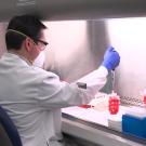 Researcher with vials of samples.